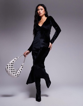 ASOS DESIGN velvet long sleeve v neck midi swing dress in black