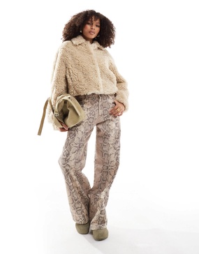 Bershka shaggy shearling boxy jacket in sand