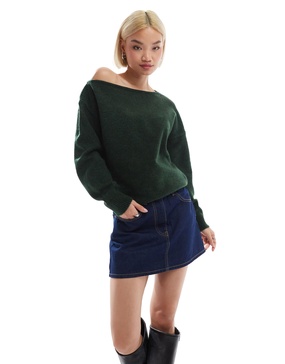 ASOS DESIGN fluffy one-shoulder sweater in forest green