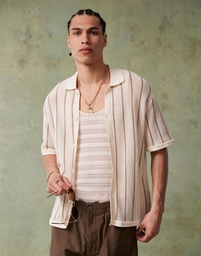 Bershka knitted button through stripe shirt in ecru