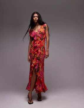 Topshop premium ruffle pintuck gown in red and orange floral