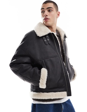 Bershka faux leather aviator jacket in black