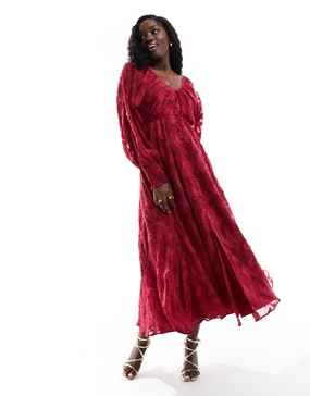 ASOS DESIGN burnout batwing sleeve v-neck dress with button detail in red
