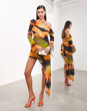 ASOS EDITION paneled one shoulder mini dress in sunset stripe