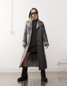 Reclaimed Vintage faux suede coat with faux fur trim
