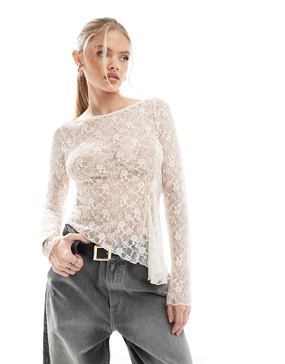 Bershka asymmetric lace top in ecru