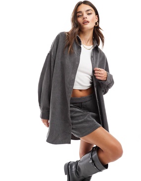 ASOS DESIGN oversized variegated cord shirt in gray - part of a set