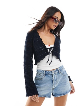 Bershka crochet tie front top in navy