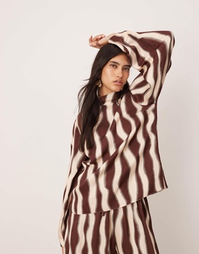 ASOS EDITION high neck oversized top in chocolate wavy print - part of a set
