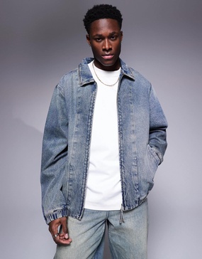 ASOS DESIGN denim bomber jacket in mid wash blue