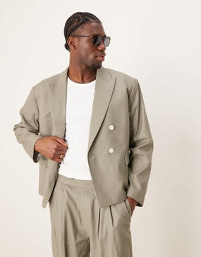 ASOS DESIGN linen mix boxy suit blazer in khaki