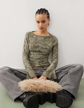 Reclaimed Vintage long sleeve burn out top in khaki flock