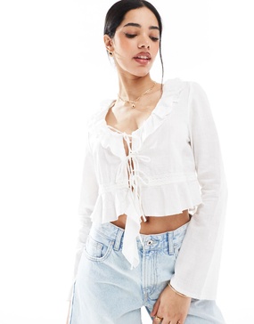 Bershka ruffle detail top in white