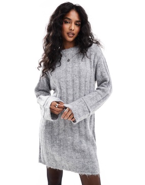 Pieces knitted mini dress with wide sleeves in medium gray melange