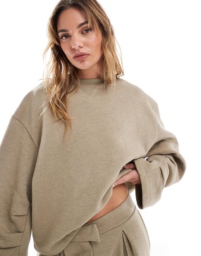 ASOS DESIGN oversized sweat with ruched sleeve detail in khaki heather