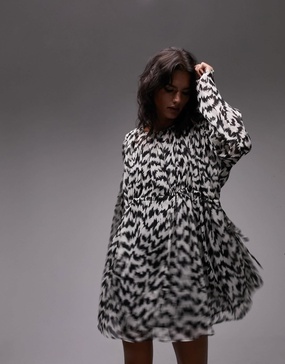 Topshop oversized gathered channel waisted printed mini dress in mono