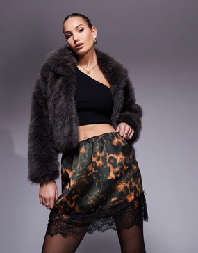 River Island satin mini skirt with lace trim in leopard print