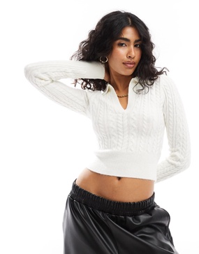 Bershka cable polo neck sweater in ecru