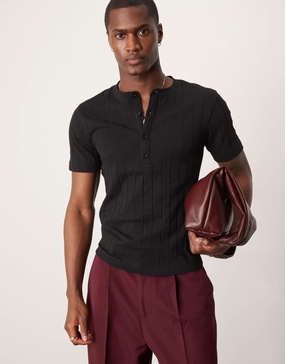 ASOS DESIGN muscle fit ribbed T-shirt with henley neck in black