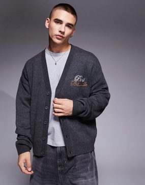 ASOS DESIGN oversized boxy fit knit cardigan in charcoal with badge embroidery