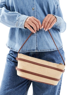 ASOS DESIGN straw shoulder bag with tan strapping detail