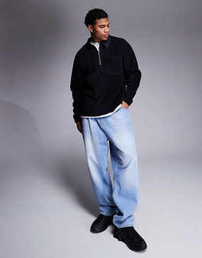 ASOS DESIGN oversized rugby polo fleece sweatshirt with quarter zip in black