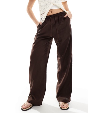 Bershka tie waist wide leg linen pants in brown