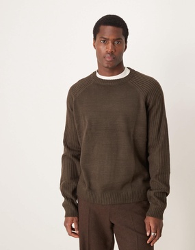 ASOS DESIGN oversized boxy fit knit crew neck sweater with ribbed sleeves in brown