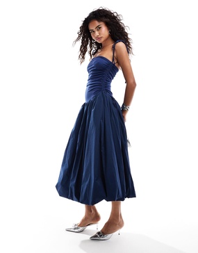 Amy Lynn Alexa shoulder tie puffball midi dress in navy