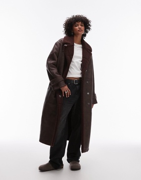 Topshop faux leather shearling long aviator jacket in burgundy