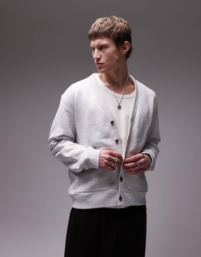 ARKET midweight terry cardigan with v-neck in light gray