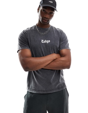 Another Influence tokyo acid washed relaxed fit t-shirt in charcoal gray