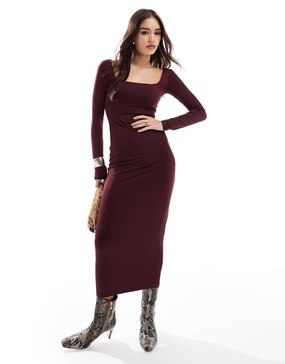Bershka long sleeve square neck bodycon midaxi dress in burgundy