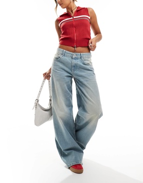 Bershka wide leg baggy jeans in dirty mid blue wash