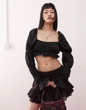 Monki satin ruched puff long sleeve crop top in black