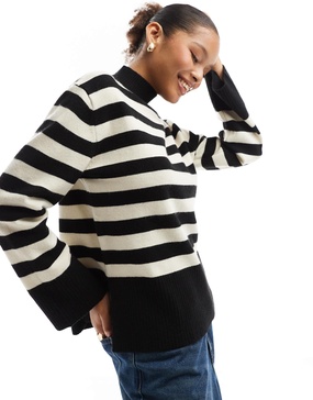 Bershka high neck striped sweater in black