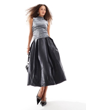 Amy Lynn Alexa PU midi dress in charcoal velvet