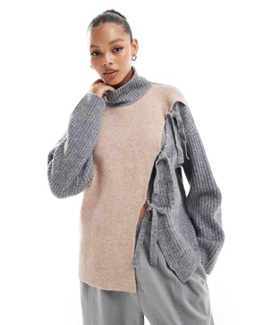 ASOS DESIGN high neck sweater with tie detail and color block in neutral