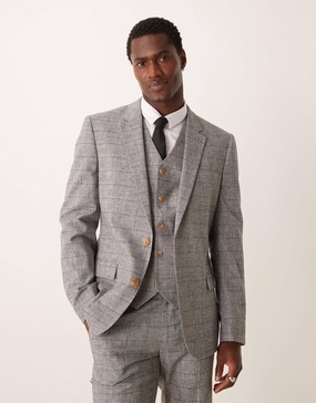 ASOS DESIGN new skinny linen mix suit jacket in gray prince of wales plaid