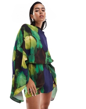 ASOS DESIGN batwing overlay romper in abstract print