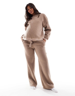 ASOS DESIGN Maternity lounge borg sweatshirt & wide leg pants set in taupe