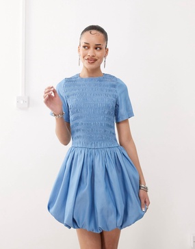 Amy Lynn Eleanor puffball mini dress in blue chambray