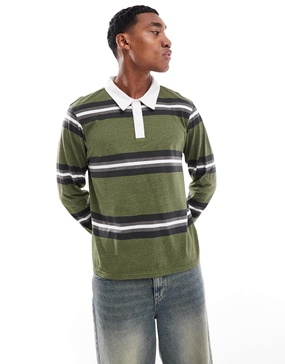 Another Influence striped long sleeve polo shirt in khaki