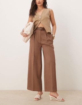 ASOS DESIGN tailored ankle grazer pants with PU belt in mocha