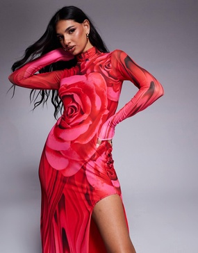 AFRM Sonya maxi length dress with high slit detail in overscale rose