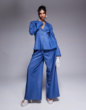 ASOS LUXE chambray wide leg tailored pants in blue - part of a set