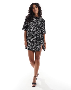 4th & Reckless velvet sequin mini T-shirt dress with open back in black