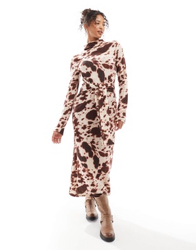 ASOS DESIGN chunky ribbed maxi dress with wrap waist in cow print