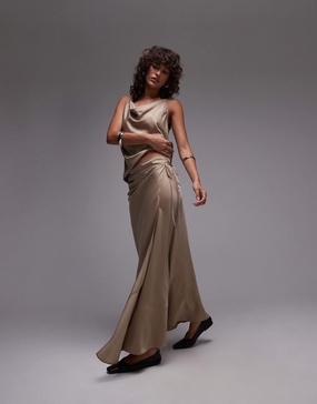 Topshop paneled seam satin wrap maxi skirt in champagne - part of a set