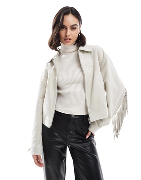 Bershka faux suede fringe detail jacket in ecru